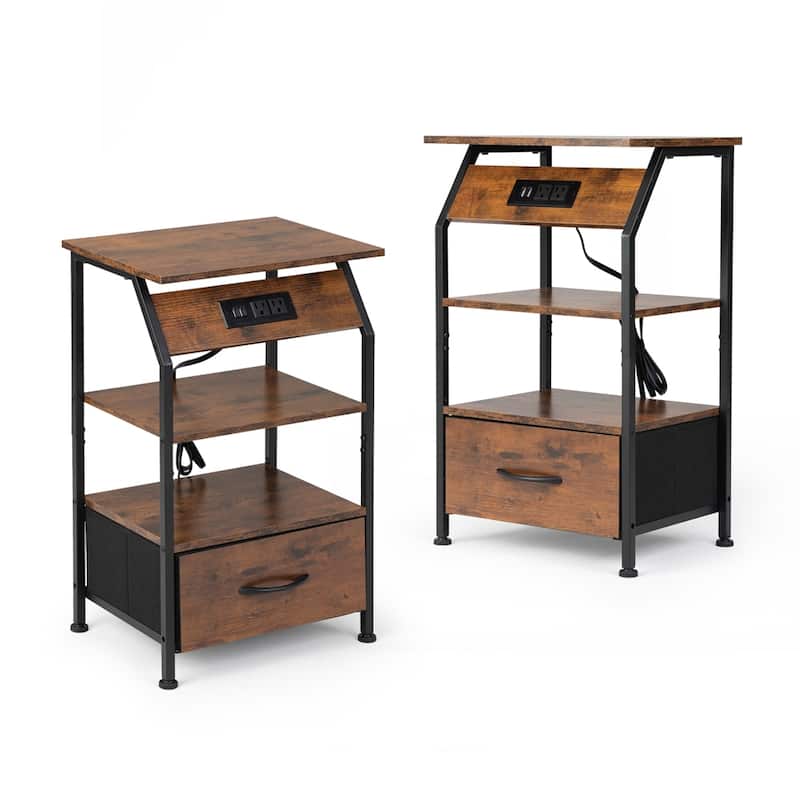 Wood Nightstand with Charging Station,Drawer and Shelf (Set of 2)