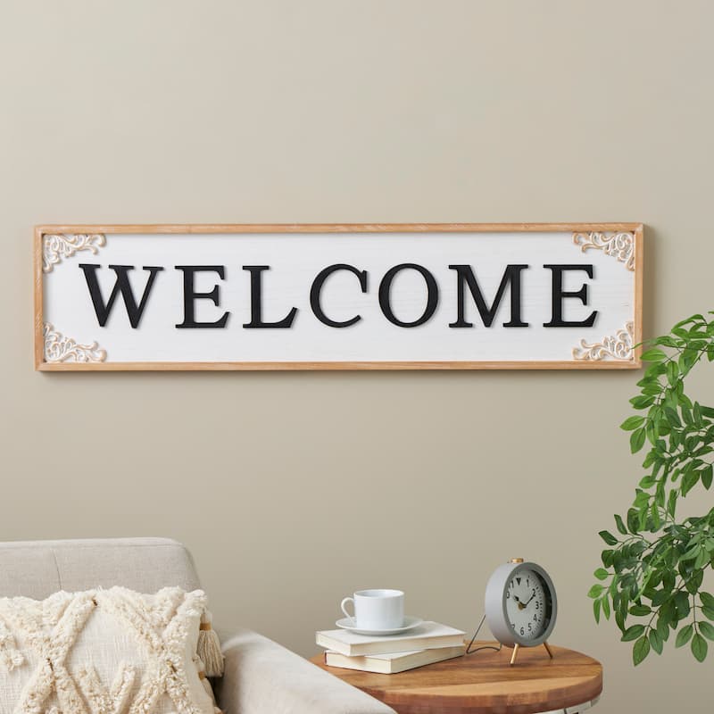 Wooden Sign Welcome Wall Decor with Scroll Details - White - Roche River Decor