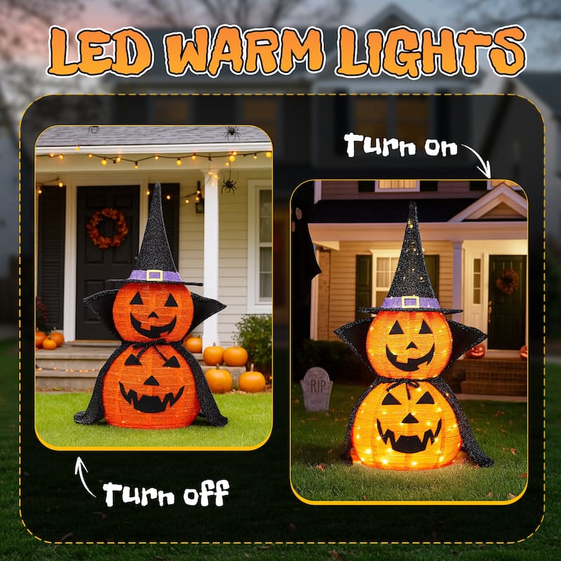 2-Pack 3 Feet Halloween Pumpkin Decorations with 176 Warm LED Lights for Indoor or Outdoor Use - 12"Dia x 36"H