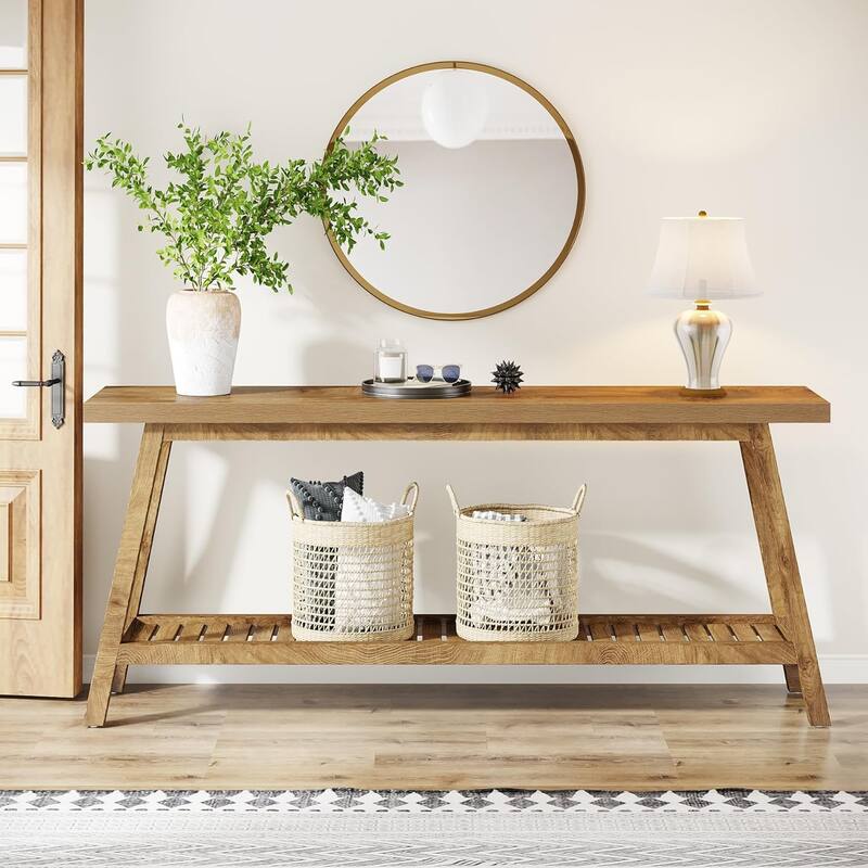 Farmhouse Console Entryway Table: 70.9 Inches Extra Long Console Table for Entryway, 2-Tier Narrow Wood Foyer Sofa Couch Table