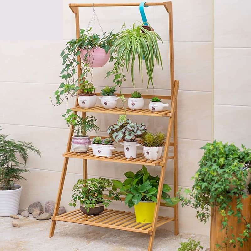 39.4" Large 3 Tier Plant Stand Hanging Rack Bamboo Ladder Foldable Flower Pots