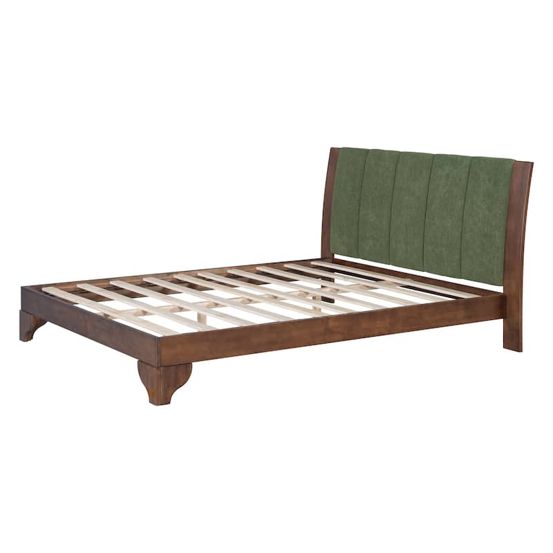 Pine Wood Bed Frame Mid Century Modern Platform Bed with Green Upholstered Headboard, Wood Slat Support Low Profile Wingback Bed