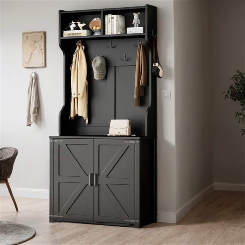 4-in-1 Entryway Coat Rack with Barn Doors,7 Hanging Hooks,Shoe Storage