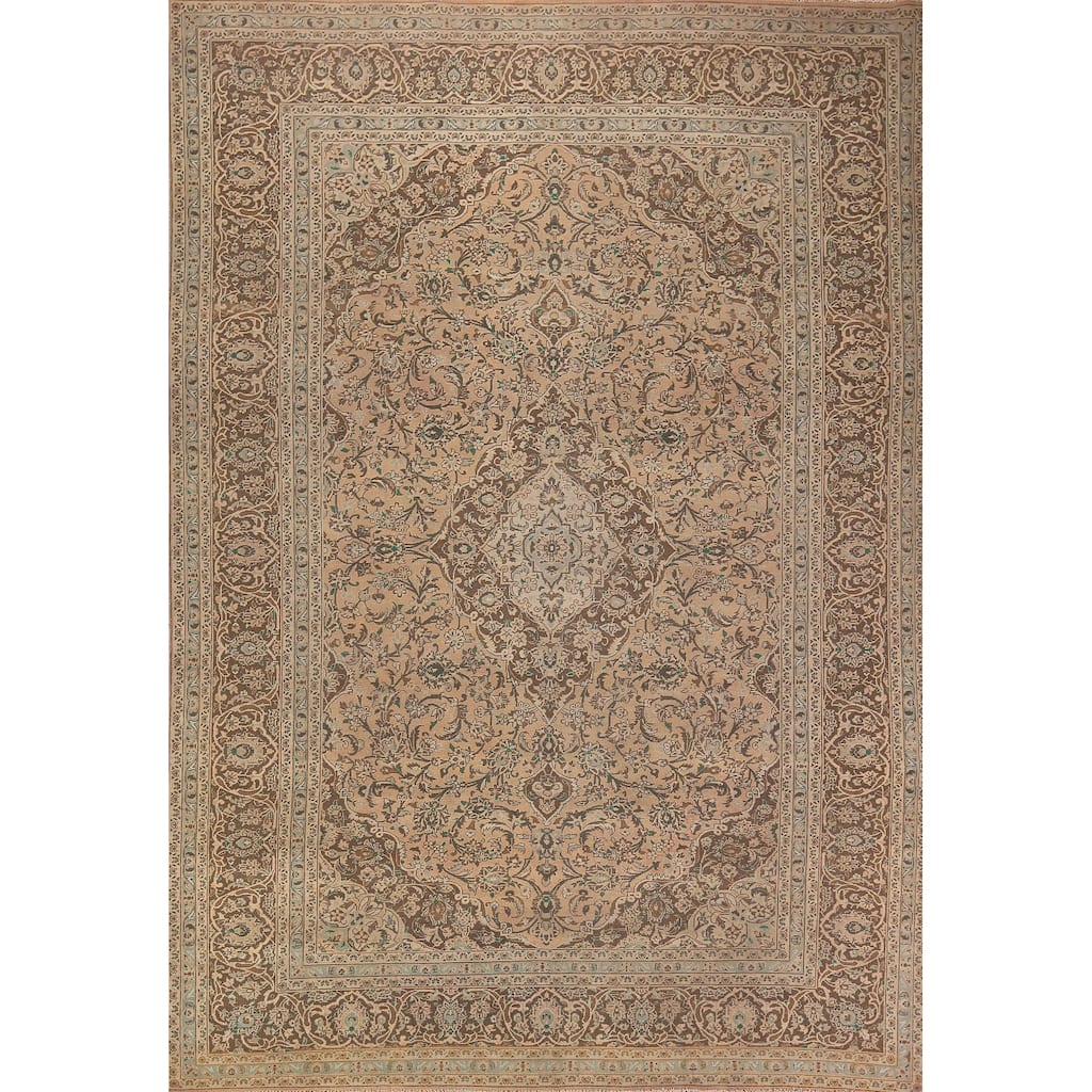 Traditional Mashad Persian Vintage Rug Floral Hand-Knotted Wool Carpet - 9'7" x 13'1"
