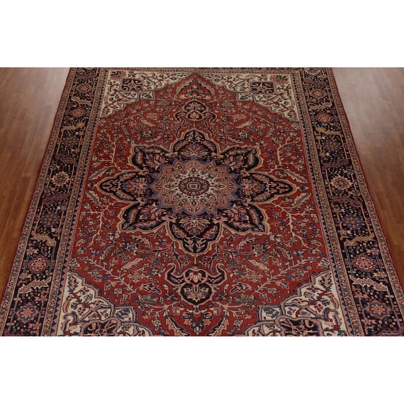 Vintage Vegetable Dye Persian Heriz Area Rug Hand-knotted Wool Carpet - 9'9" x 13'1"
