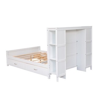 White Full Platform Bed with 4 Side Drawers and Storage Headboard Shelves