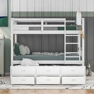 Twin Over Twin Bunk Bed with Trundle & 3 Drawers, Wood Bunk Bed Frame w/Ladder & Guardrails, Convertible to Single & Captain Bed