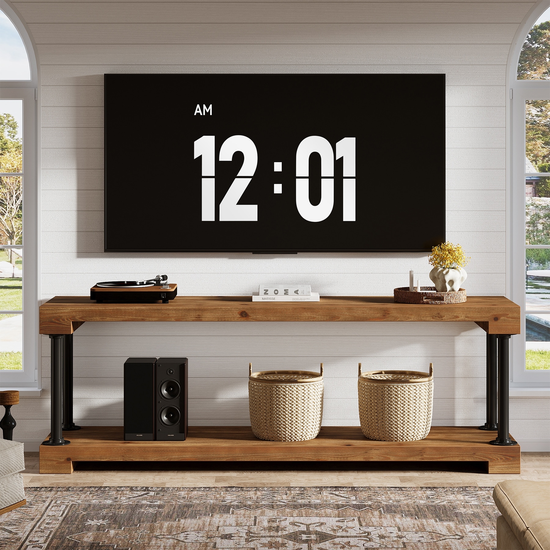 63 Inch Solid Wood TV Stand for TVs up to 75", Entertainment Center with Storage Shelf for Living Room