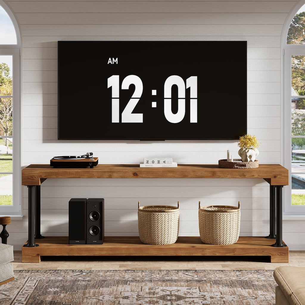 63 Inch Solid Wood TV Stand for TVs up to 75", Entertainment Center with Storage Shelf for Living Room