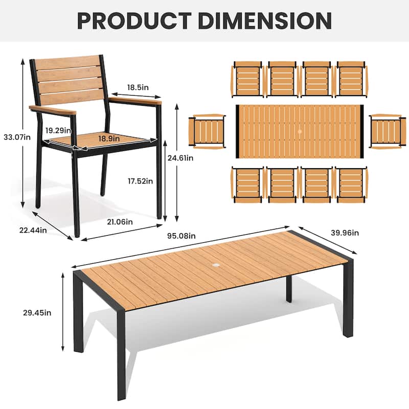 7/9/11-Piece Patio Dining Set Outdoor Aluminum Rectangle Dining Table and Stackable Chairs