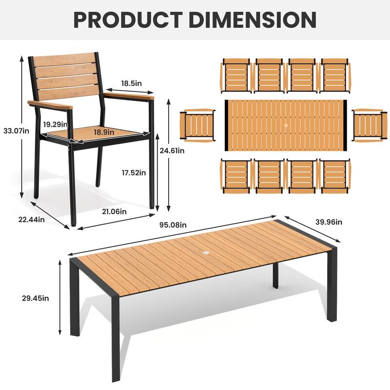 7/9/11-Piece Set Outdoor Aluminum Dining Table with Umbrella Hole and Stackable Dining Chairs