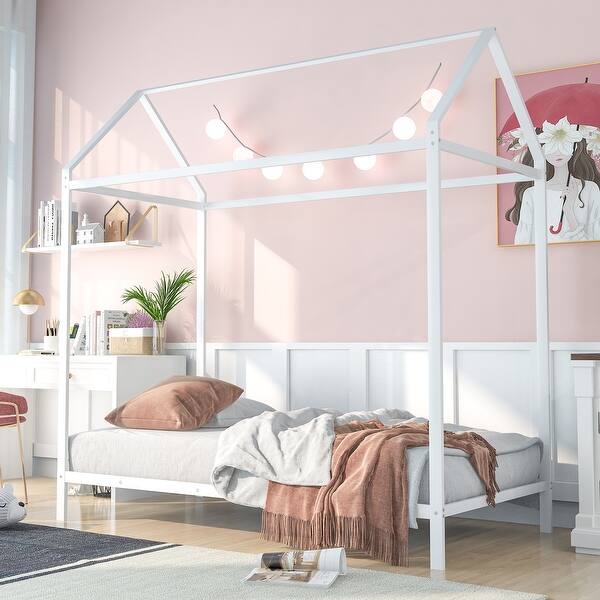 slide 2 of 14, Twin Size Metal House Bed Frame for Kids, Sturdy Platform Bed with Adjustable Height and No Box Spring Needed White