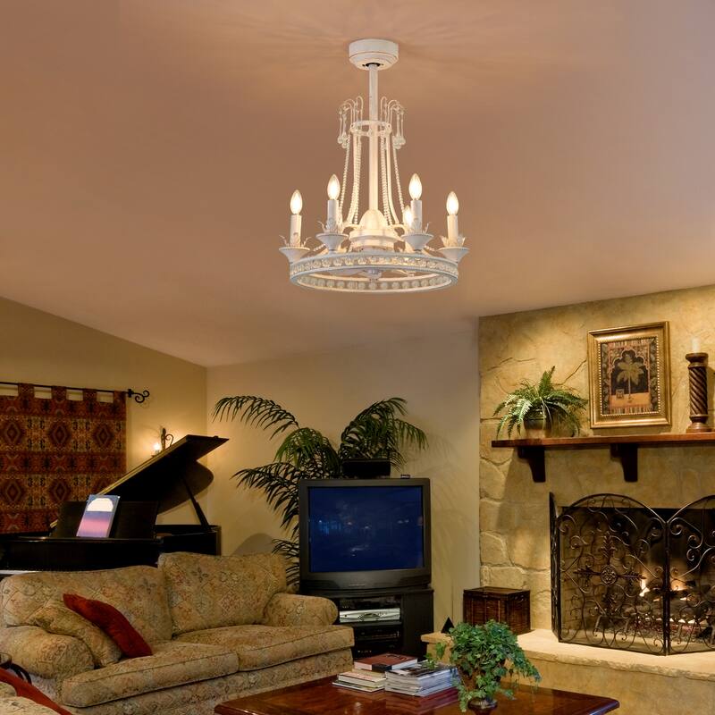 22-Inch Distressed White 7-Blade Crystal Chandelier Ceiling Fan with Light and Remote