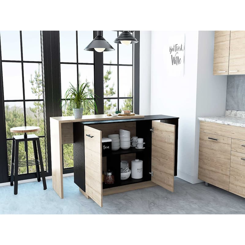 Black and Light Oak Contemporary Kitchen Island with Bar Table - 20" X 40" X 20"