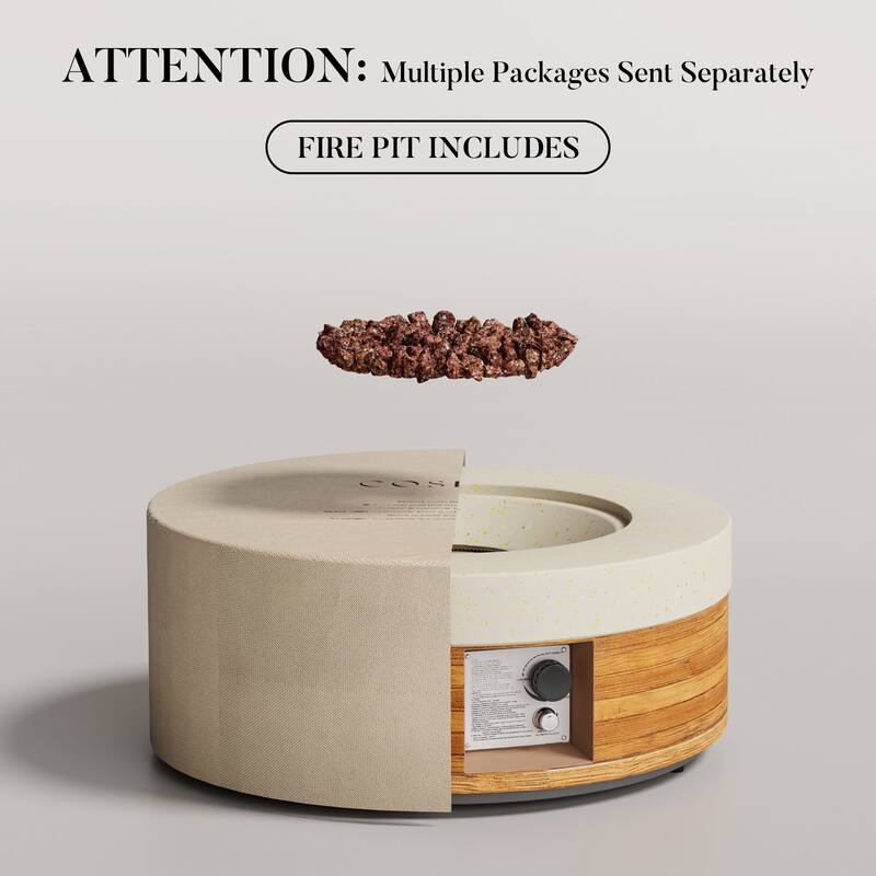 COSIEST 28''Outdoor Concrete Propane Fire Pit Table,Marble & Wood Style Design