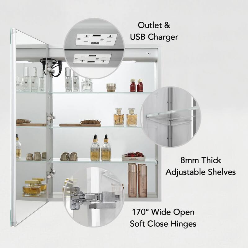 LED-lit Medicine Cabinet with Mirrors, Defogger, and USB Outlets