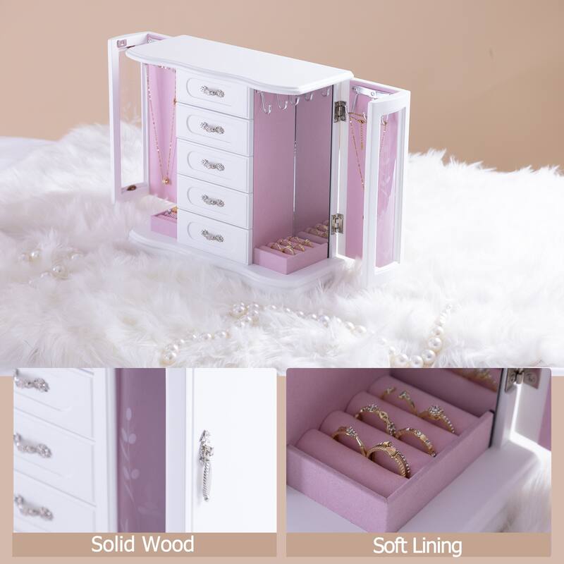 Classic vintage Jewelry Boxes for Women, 5 Layer Drawer Wood Jewelry Boxes and built-in Hooks and Attached Mirror