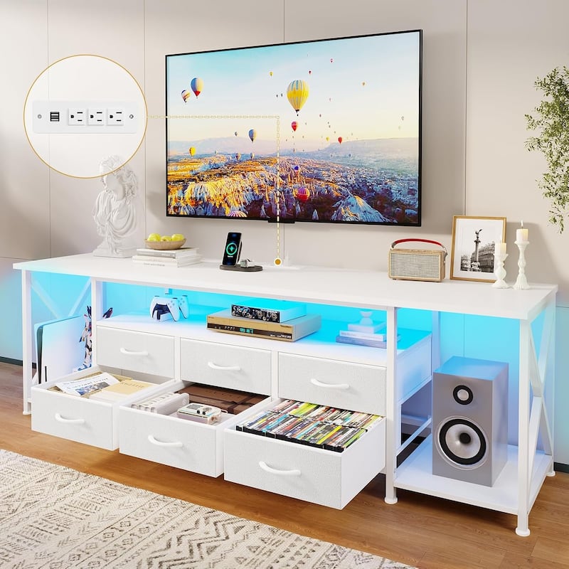 TV Stand with LED Lights Power Outlets Dresser Fabric Drawers Entertainment Center