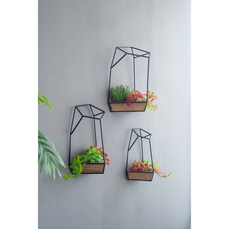 Set of 3 Felix Wall Planter, L:10x10x16.5" M:8.5x8.5x15.5" S:7x7x13.5" - Black,Brown