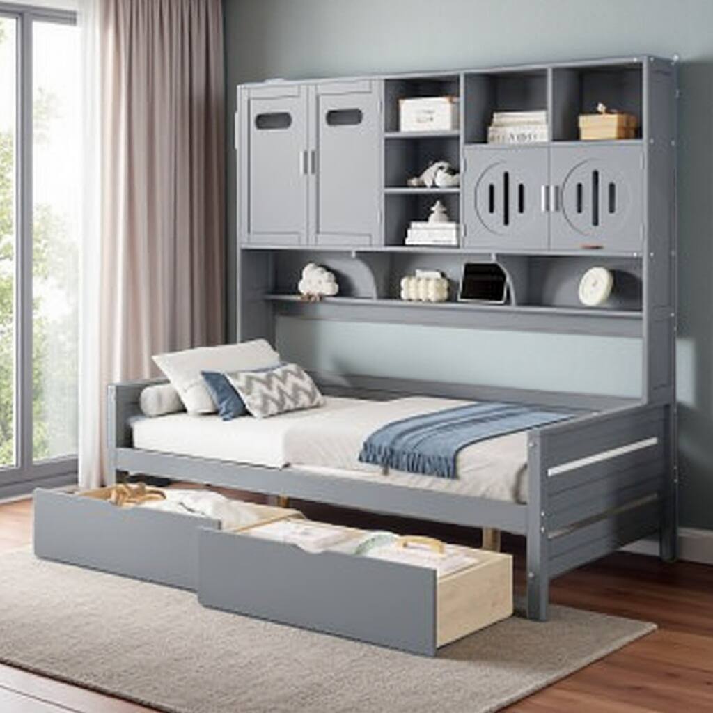 Full Size Storage Daybed with Dual Drawers, Built-in Cabinet & Shelving Unit, Solid Wood Frame