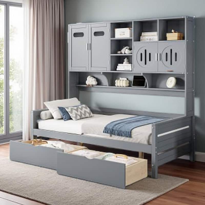 Full Size Storage Daybed with Dual Drawers, Built-in Cabinet & Shelving Unit, Solid Wood Frame - Twin Gray - Twin
