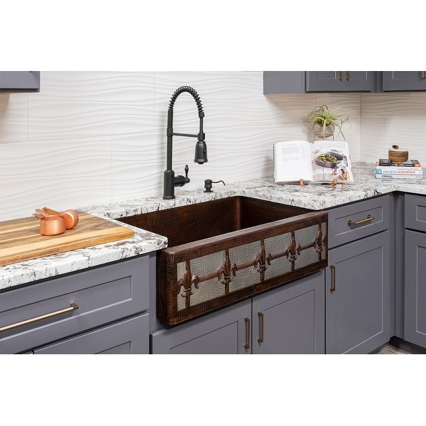 Premier Copper Products KASDB33229F-NB 33-inch Copper Apron Front Single Basin Kitchen Sink w/ Fleur De Lis Dsgn Nickel Bkgrnd. Opens flyout.