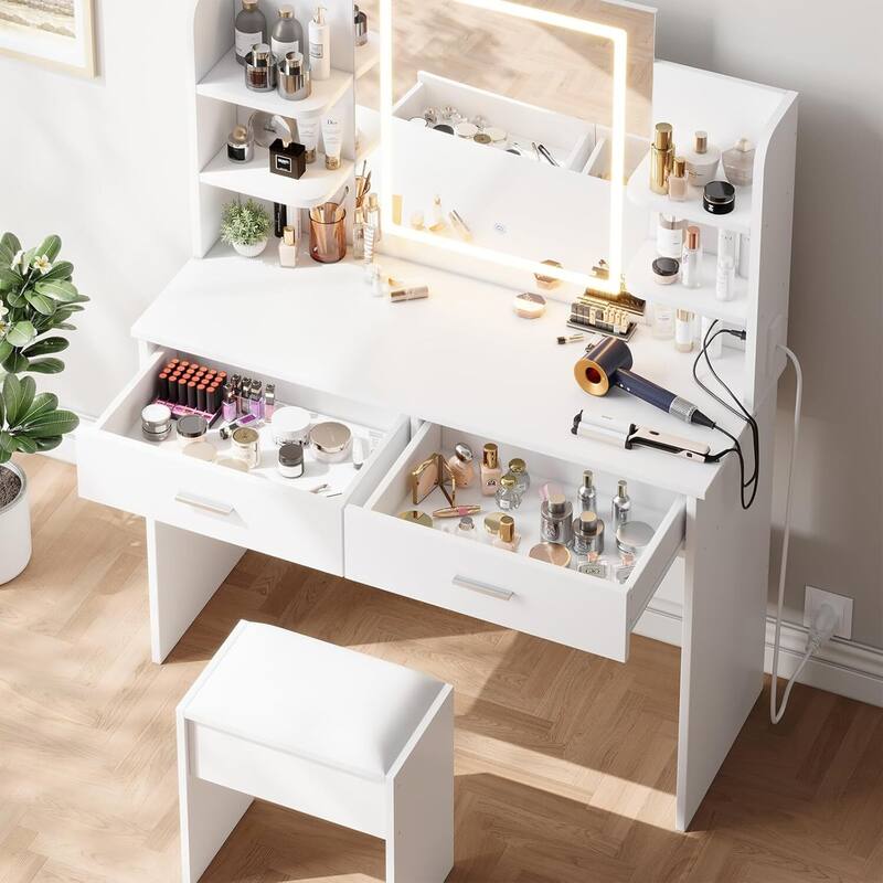 Vanity Desk with Lighted Mirror and 6 Storage Shelves