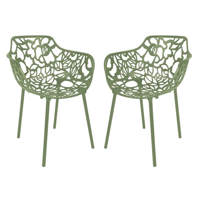 Devon Modern Floral Cutout Dining Chair with Integrated Armrest Stackable Aluminum Frame UV-Resistant Patio Chair Set of 2 - Khaki Green