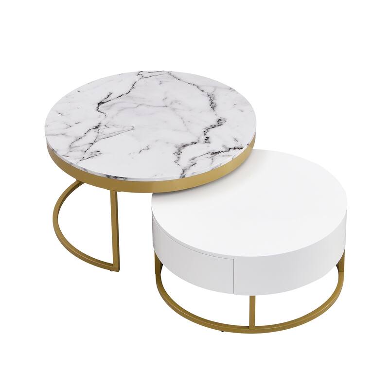 Round Nesting Coffee Table with Drawers in White