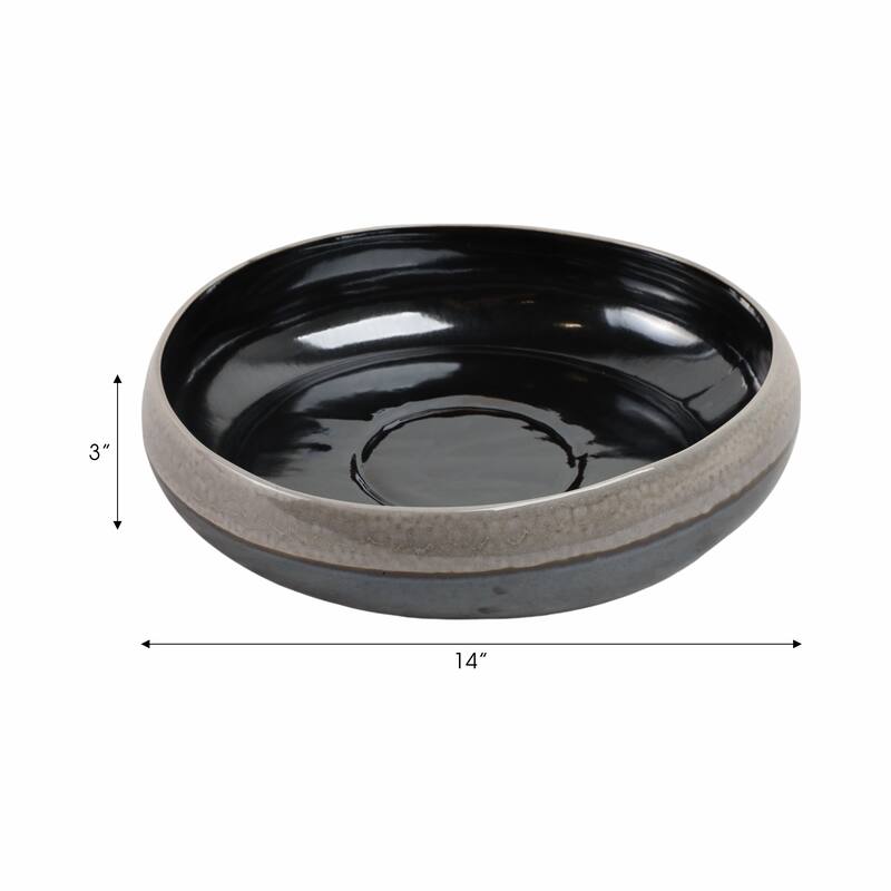 Decorative Round Glazed Bowl with Two Tone Finish - 14", Tan & Blue - 14.0"