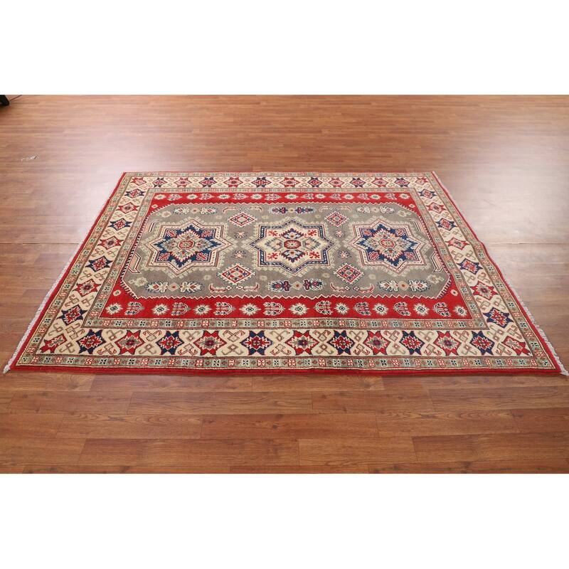 Geometric Kazak Oriental Area Rug Handmade Grey Wool Carpet - 5'0" x 6'6"
