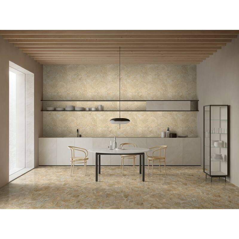 Roomfitters Hexagon Natural Marble Tile, Polished Stone for Wall and Floor, Genuine Marble, 12-Piece Box, Gold Yellow Beige - Beige+Gold