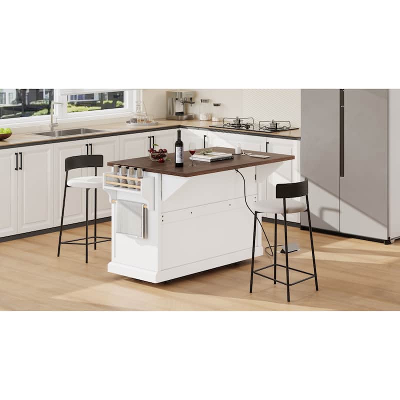 Kitchen Island with Drop Leaf, Power Outlet and 4 Door Shelves