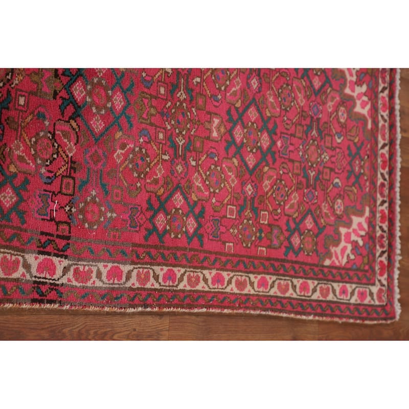 Fuchsia Hamedan Persian Vintage Runner Rug Handmade Wool Carpet - 2'7"x 9'10"
