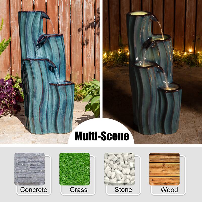 Glitzhome 29.5"H 4-Tiered Wavy Textured Outdoor Ceramic Floor Fountain with LED Light