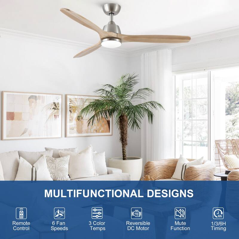 YUHAO 52 in. Indoor Matte Black Solid Wood Ceiling Fan with Integrated LED and Remote Control
