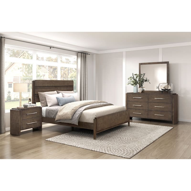 4pc Set Bedroom Furniture Dark Walnut Finish Bed Nightstand Dresser Mirror