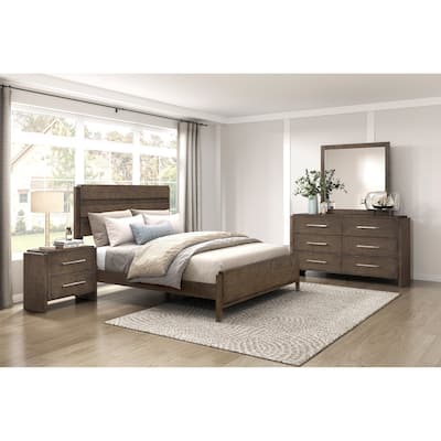 4pc Set Bedroom Furniture Dark Walnut Finish Bed Nightstand Dresser Mirror
