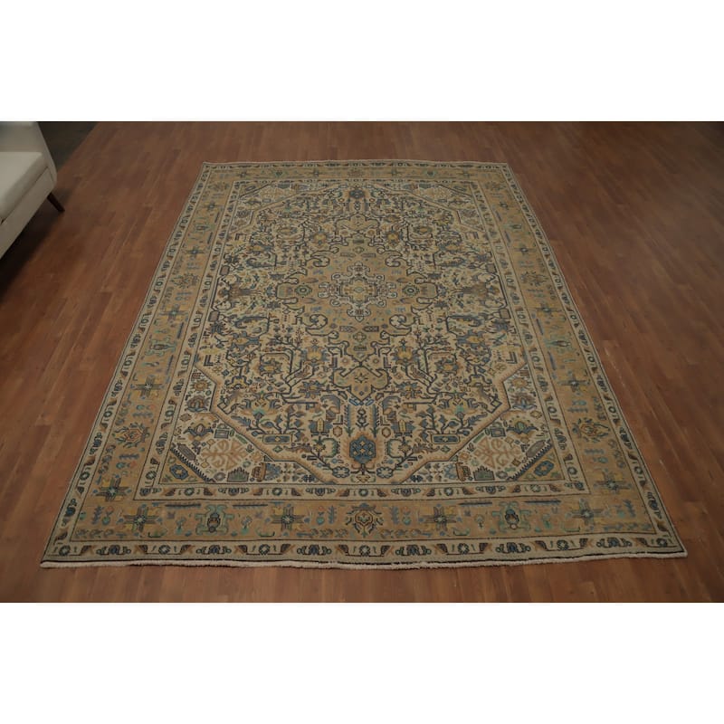 Hand Knotted Oriental 100% Wool Carpet Traditional Floral Beige & Ivories Tabriz Area Rug - 11' 1'' X 8' 3''