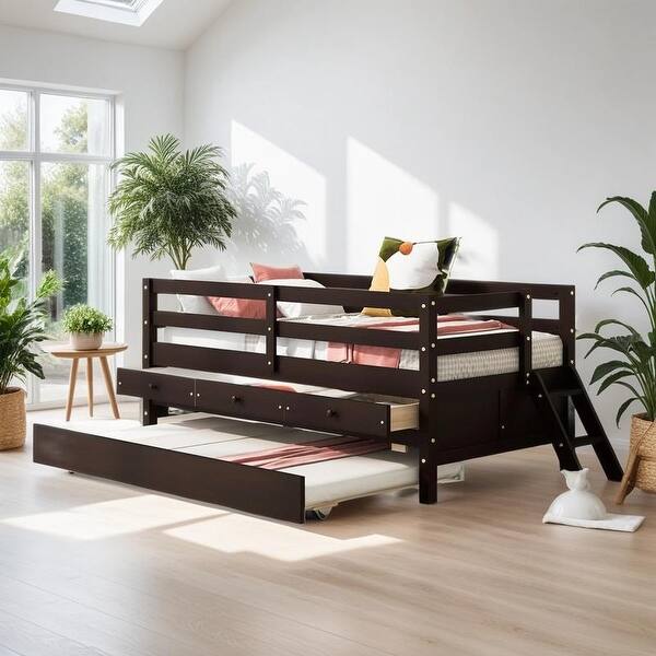 slide 2 of 17, Low Loft Bed Twin Size with Trundle, ladder and Storage Drawers, Espresso Espresso