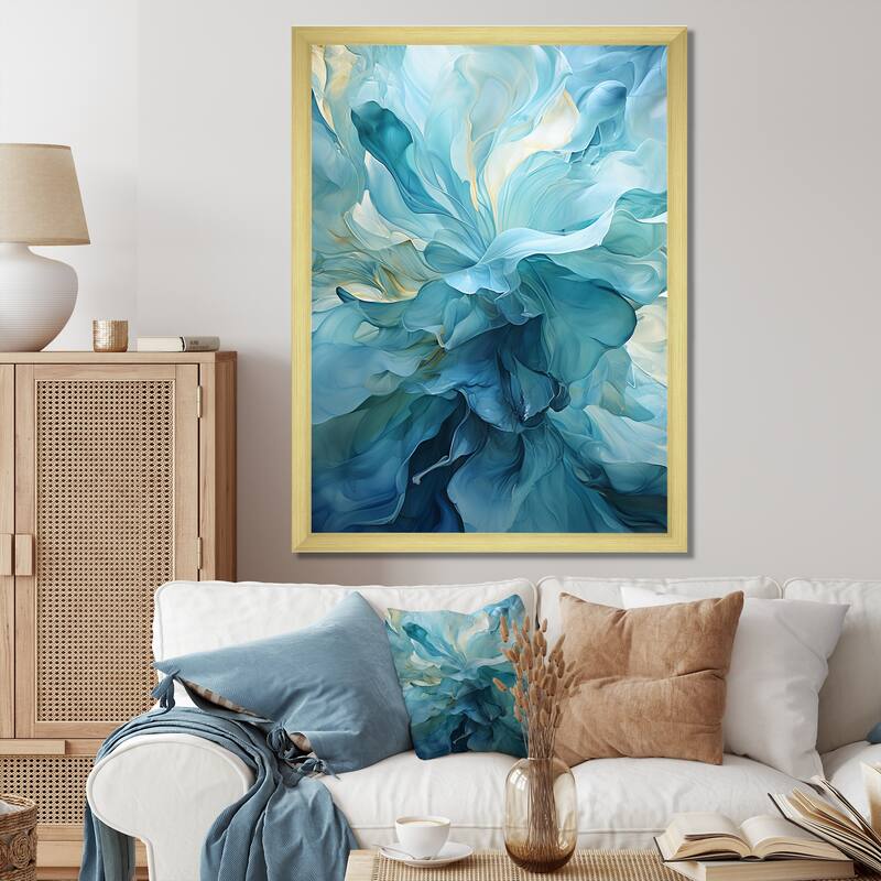 Designart "Aqua Blue And White Serenity Swirl IV" Abstract Spirals Framed Canvas Art Print - 30 in. wide x 40 in. high - Gold