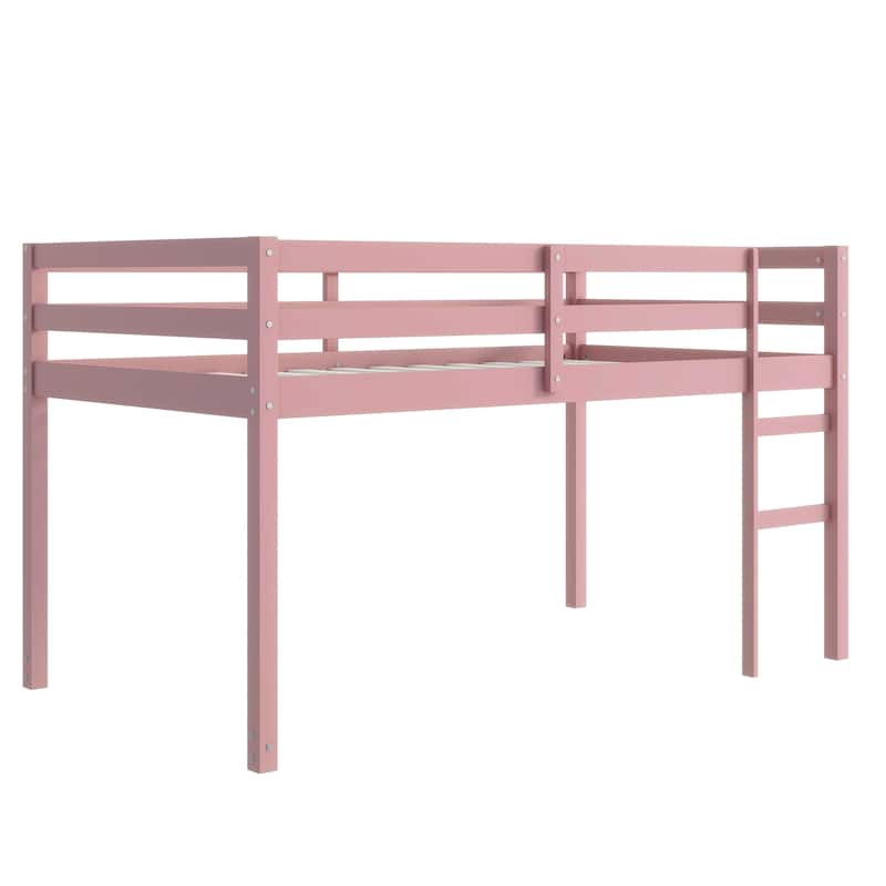 Pink Twin Loft Bed with Ladder, Rubber Wood Frame, Strengthened Slats, Low Height Design, Ample Under-Bed Storage