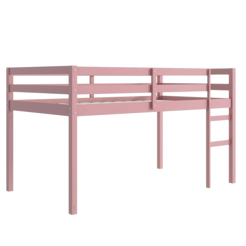 Twin size Rubber Wood Loft Bed with Ladder, 13 Strengthened Slats and Safety Guardrails