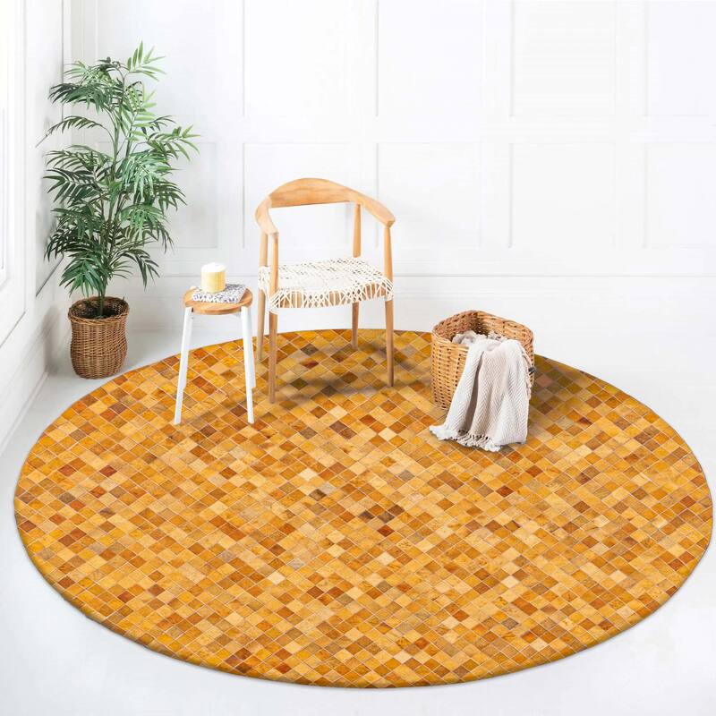 ECARPETGALLERY Handmade Cowhide Patchwork Orange Leather Rug - 7' x 7'