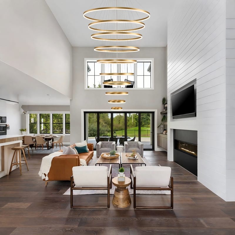 Modern LED Ring Chandelier - Remote Control Dimmable Pendant Lights for High Ceilings, Foyers & Living Rooms