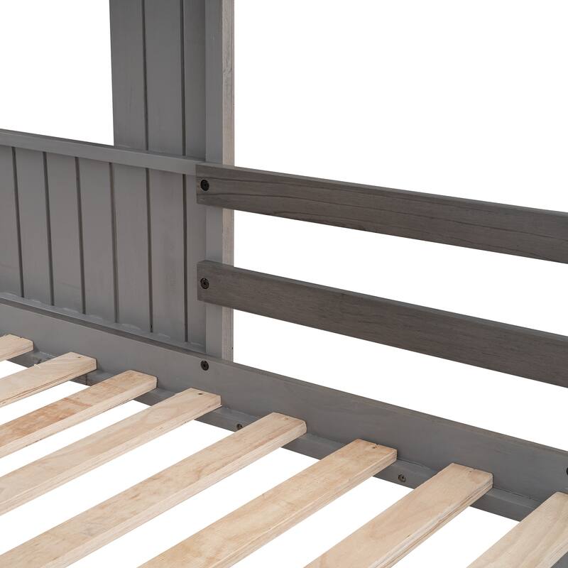 Twin Over Twin Bunk Bed with Slide and Ladder, Playhouse Bedframe with House Roof, Window and Safety Guardrails for Kids/Bedroom