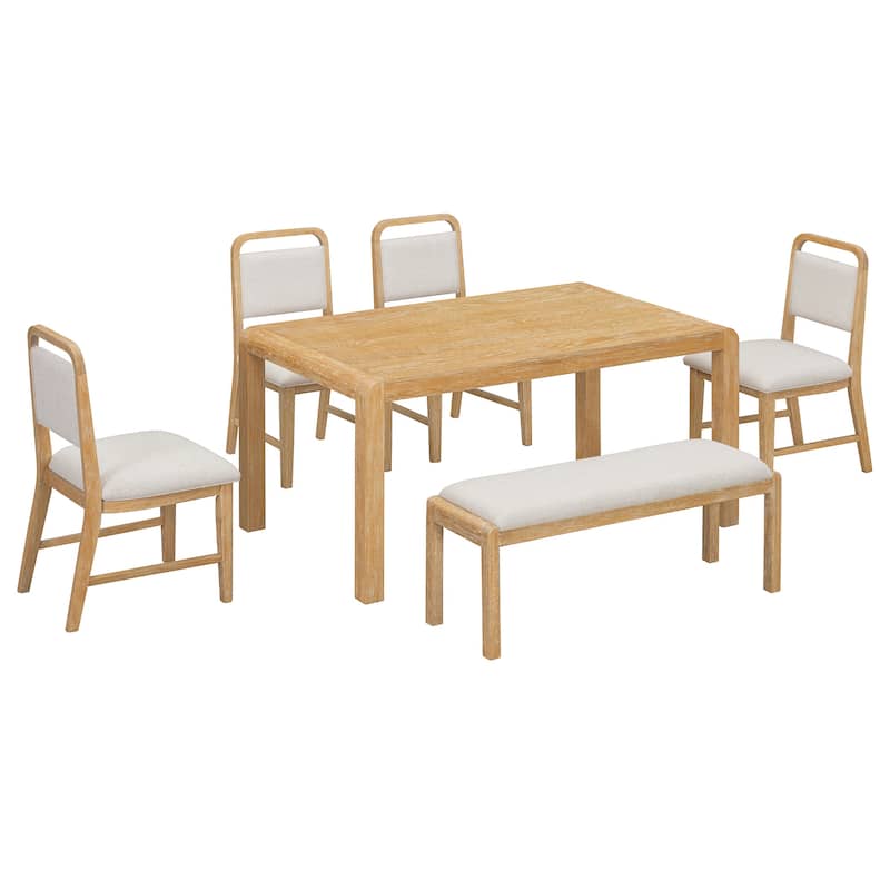 6-Piece Vintage Extendable Dining Table Set for 4-6 with 4 Upholstered Chairs & Bench, Rustic Wire-Brushed Kitchen Table