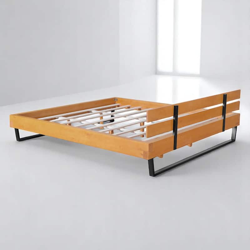 Queen/King Size Bed Frame with Headboard, Solid Pine Wood and Iron Platform Bed, Industrial Modern Design, No Box Spring Needed