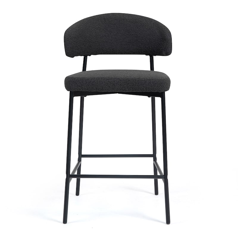 Set of 2 Bennett Black Boucle Upholstered Fabric Counter Stool with Black Iron Legs