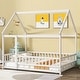 preview thumbnail 114 of 127, Wood Toddler House Bed with Roof Frame and Safety Guardrails Montessori Floor Bed without Slats No Door Houseshaped Platform Bed White - Full